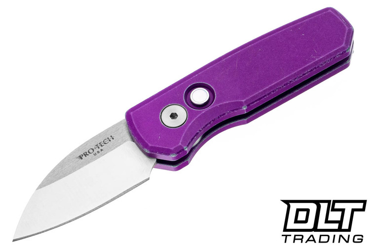 Pro-Tech Runt 5 - Battleworn Smooth Purple Handle - Satin MagnaCut Wharncliffe Blade - White Pearl Button - Satin Hardware
