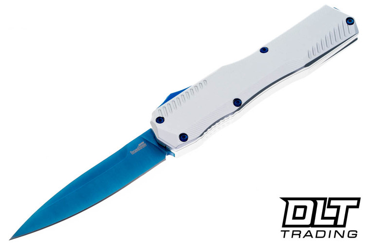 Kershaw Livewire Cryo 9000RAWBLU OTF automatic with 3.3" CPM MagnaCut blue spear point blade, raw aluminum handle.