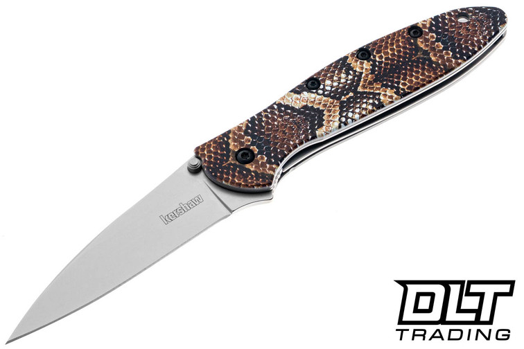 Kershaw Leek with realistic snakeskin UFI coating on aluminum handle. 3" 14C28N bead-blasted blade, SpeedSafe assisted opening.