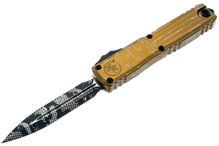 Microtech 11224-1TAHR Ultratech Gen IV D/E - Tan Handle - Black Blade - Hero Engraving