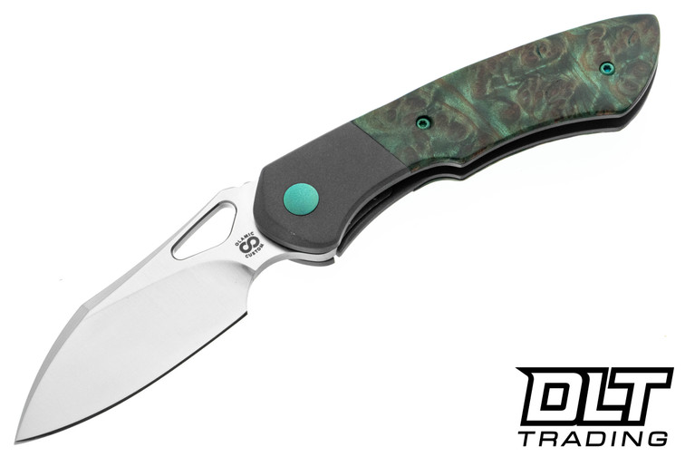Olamic Cutlery WhipperSnapper Bolsterlock Wharnfoot - Satin Blade - Karelian Birch - Dark Blast Bolster - Green Matte Accents - Green Zig Zag Backspacer - 770