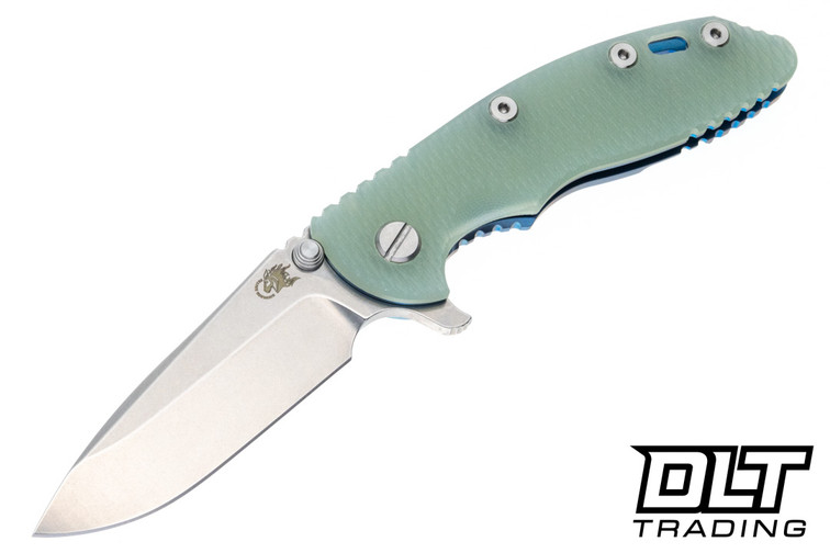 Hinderer 3.25" XM-18 S45VN Spearpoint - Blue Anodized Titanium - Stonewashed Blade - Translucent Green G-10