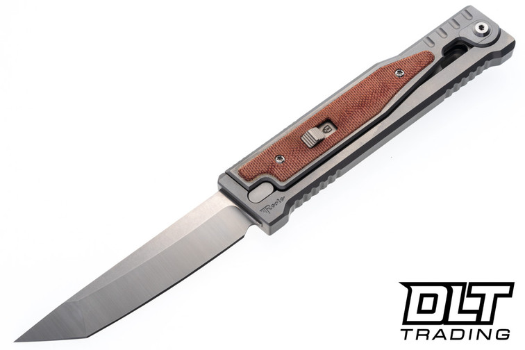 Reate EXO-OG - Tanto Satin Stonewashed Elmax Blade - Bead Blast Titanium - Orange Micarta Inlay