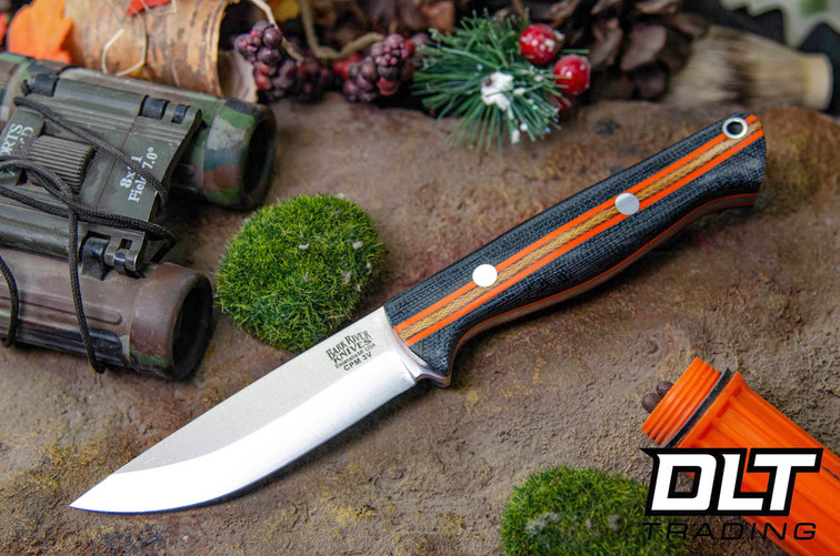 Bark River Gunny Scandi 3V Black Canvas Micarta - Orange Liners - Orange Rope Racing Stripe