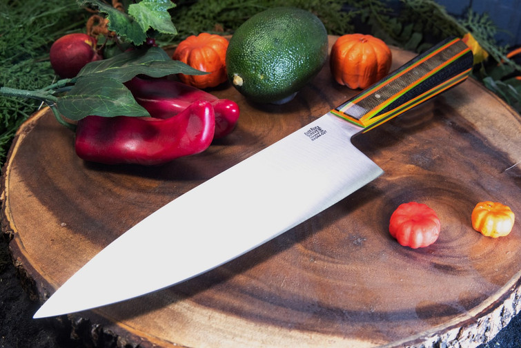 Blade Raid Wa Gyuto MagnaCurt Segmented Green & Black Canvas Micarta - Thick Orange & Toxic Liners - Brass Pins