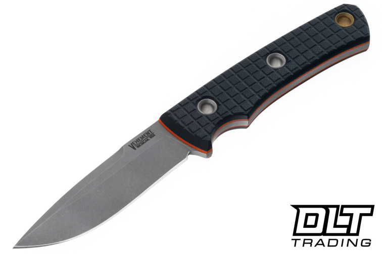 Vehement Foreman - Black Frag G-10 - Orange Liners - Stone Wash Blade - Hand Dyed Brown Leather - White Stitching