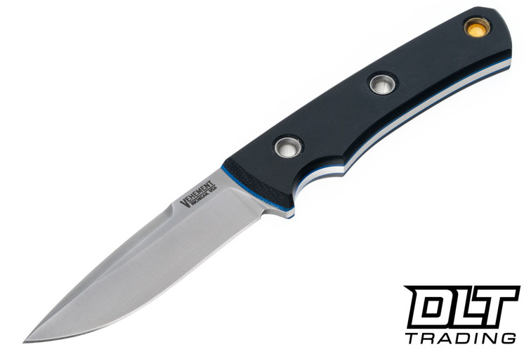 Vehement Foreman - Black Micarta - Blue Liners - Satin Blade - Black Leather - White Stitching