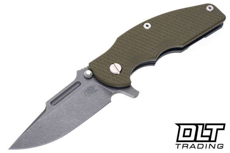 Hinderer Jurassic Frontier Clip Point MagnaCut - Working Finish Titanium & Blade - OD Green G-10