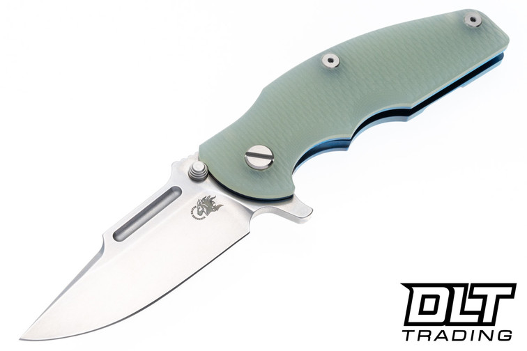 Hinderer Jurassic Frontier Clip Point MagnaCut - Blue Anodized Titanium - Stonewashed Blade - Translucent Green G-10