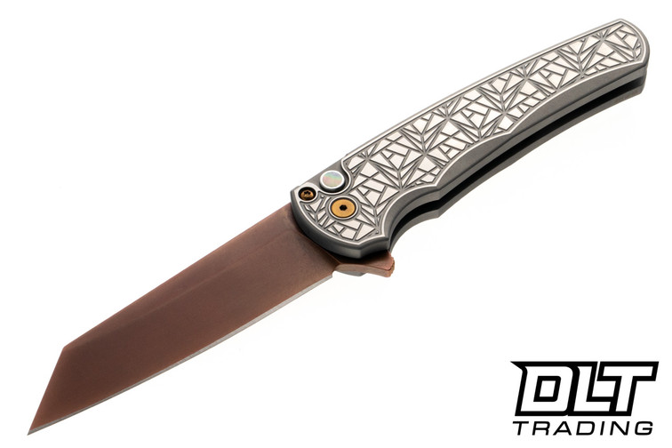Pro-Tech Malibu Reverse Tanto - Two Tone Stainless Steel Nexus Textured Handle - Copper Rose MagnaCut Blade - Black Lip Pearl Button