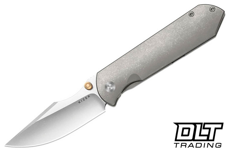 Kizer Harpoon - Gray Stonewash Titanium - Stonewash & Satin Elmax Drop Point Blade