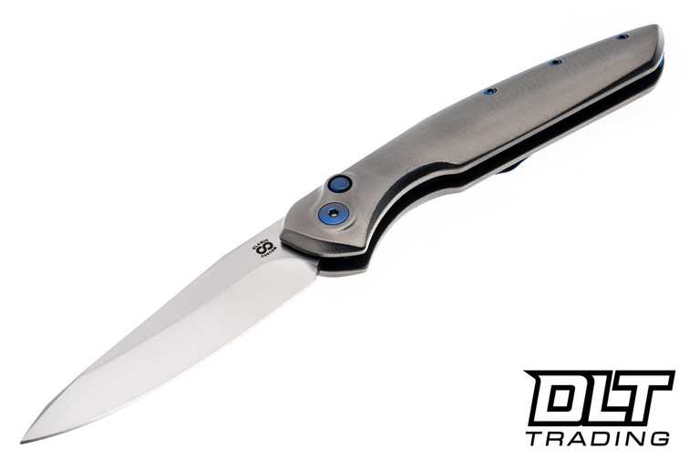 Olamic Cutlery Aura - Satin Blade - Orange Peel Titanium - Blue Nugget Backspacer - Blue Accents - Timascus Clip #061 - 783