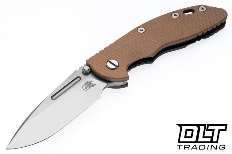 Hinderer 3.5" XM-18 Non Flipper Fullered Spear 20CV - Battle Bronze Anodized Titanium - Stonewashed Blade - Coyote G-10