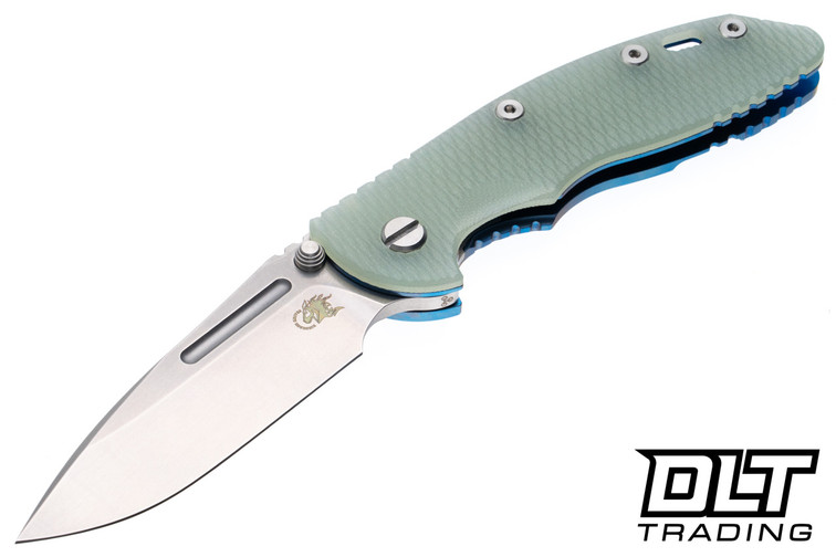 Hinderer 3.5" XM-18 Non Flipper Fullered Spear 20CV - Blue Anodized Titanium - Stonewashed Blade - Translucent Green G-10