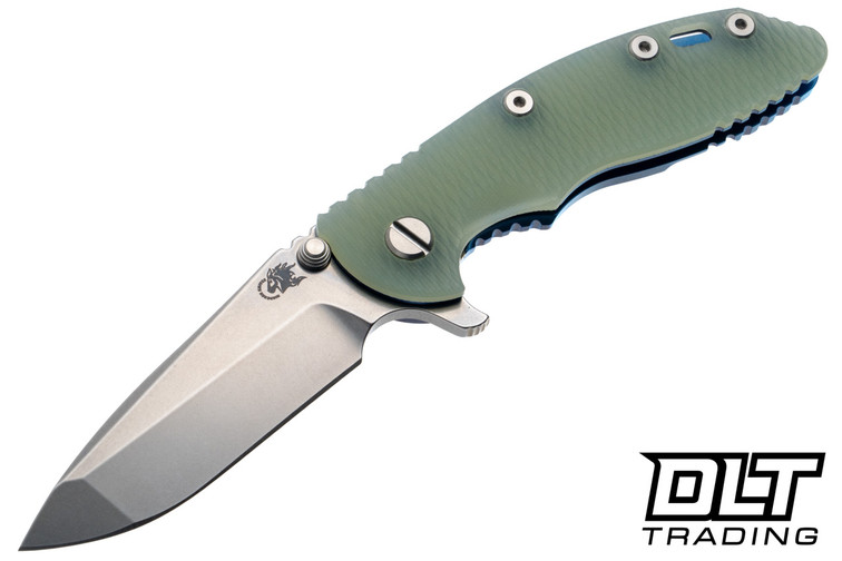 Hinderer 3.25" XM-18 MagnaCut Spanto - Blue Anodized Titanium - Stonewashed Blade - Translucent Green G-10