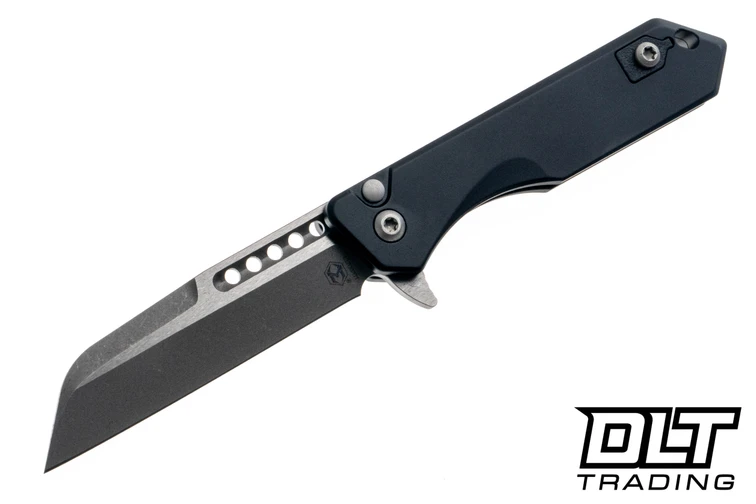 Heretic Jinn Button Lock - Black Aluminum - Wharncliffe Battleworn MagnaCut Blade