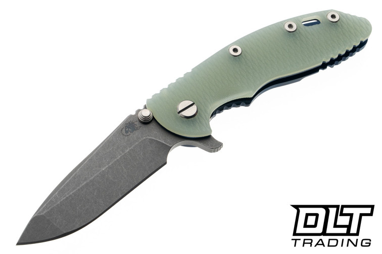 Hinderer 3.25" XM-18 MagnaCut Spanto - Battle Blue Anodized Titanium - Working Finish Blade - Translucent Green G-10