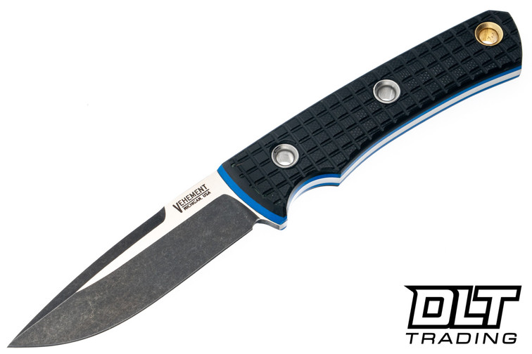 Vehement Foreman - Black Frag G-10 - Blue Liners - 2 Tone Blade - Black Leather Cross Draw - Blue Stitching