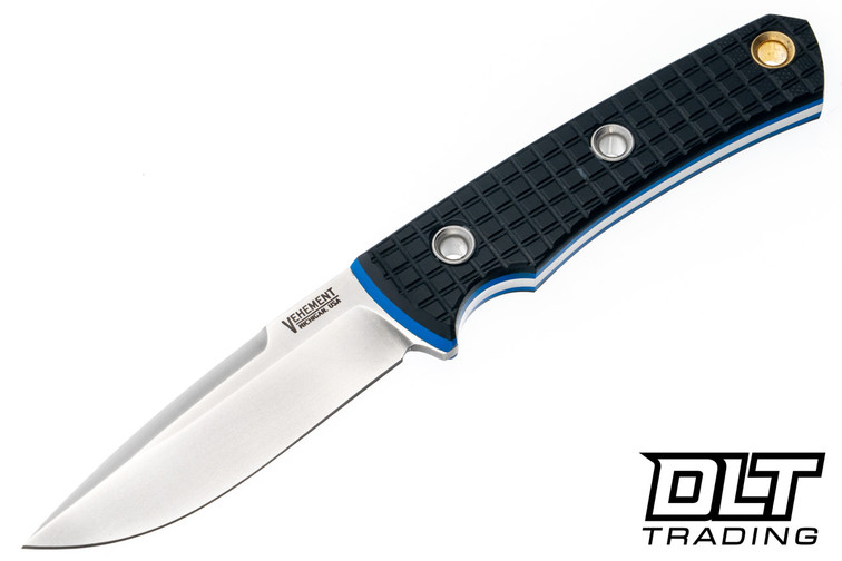 Vehement Foreman - Black Frag G-10 - Blue Liners - Satin Blade - Black Leather Cross Draw - Blue Stitching