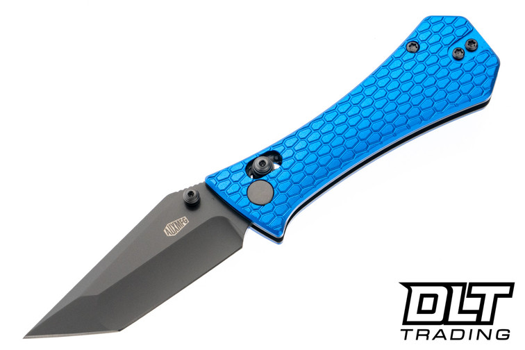 Auxiliary Manufacturing Coffin Tanto Crossbar - Blue Milled Aluminum - Grey PVD 14C28N Blade