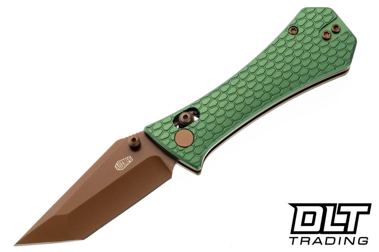 Auxiliary Manufacturing Coffin Tanto Crossbar - Green Milled Aluminum - Rose PVD 14C28N Blade