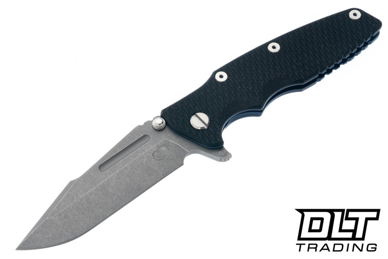 Hinderer Eklipse Skinny Fullered Harpoon Spanto - Battle Blue Anodized Titanium - Working Finish Blade - Black G-10