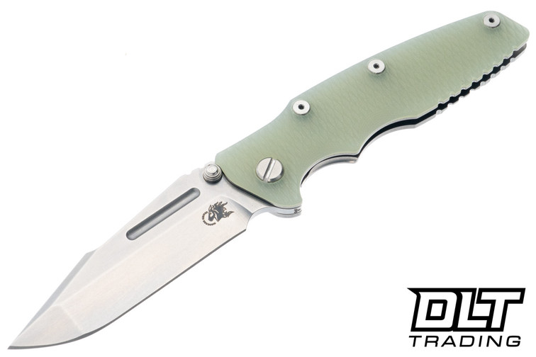 Hinderer Eklipse Non Flipper Skinny Fullered Harpoon Spanto - Stonewashed Titanium & Blade - Translucent Green G-10
