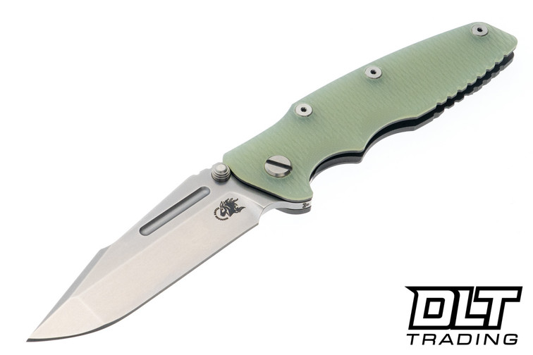 Hinderer Eklipse Non Flipper Skinny Fullered Harpoon Spanto - Working Finish Titanium - Stonewashed Blade - Translucent Green G-10