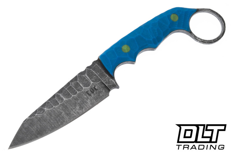 Black ROC Knives Vandal - Blue G-10 Ring - Reverse Tanto Hammered 80CRV2 - #E