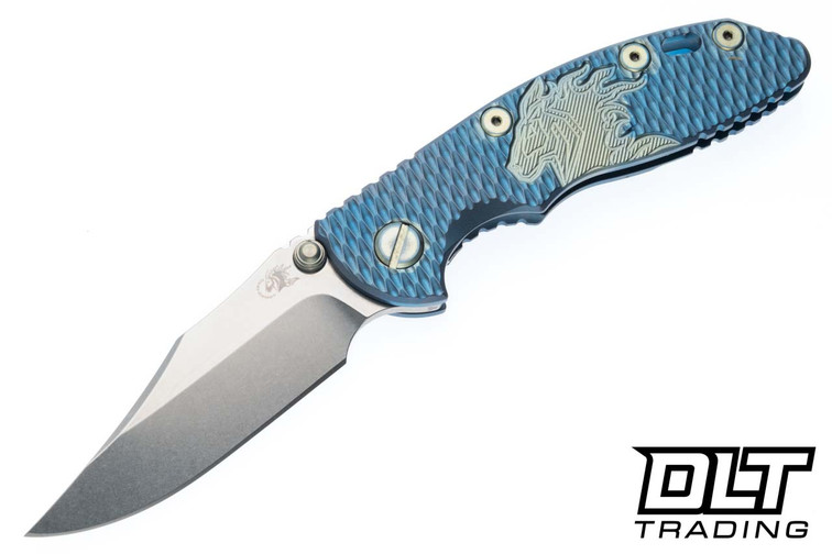 Hinderer 3" XM-18 Non Flipper Bowie 20CV - Textured Blue Titanium - Stonewashed Blade - Blue & Light Blue Textured Titanium Horse Head Scale - Light Blue Hardware