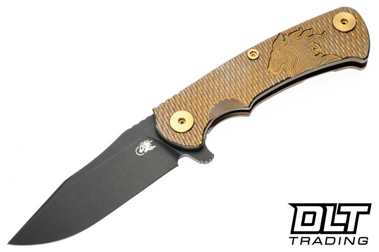 Hinderer Project X Clip Point MagnaCut - Bronze Titanium - Battle Black Blade - Bronze Horse Head Titanium Scale - Brass Hardware