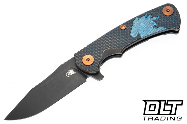 Hinderer Project X Clip Point MagnaCut - Battle Blue & Bronze Titanium - Battle Black Blade - Battle Blue & Bronze Titanium Horse Head Scale - Copper Hardware