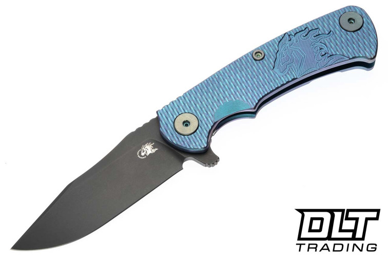 Hinderer Project X Clip Point MagnaCut - Blue & Purple Titanium - Battle Black Blade - Blue & Purple Titanium Horse Head Scale - Light Blue Hardware