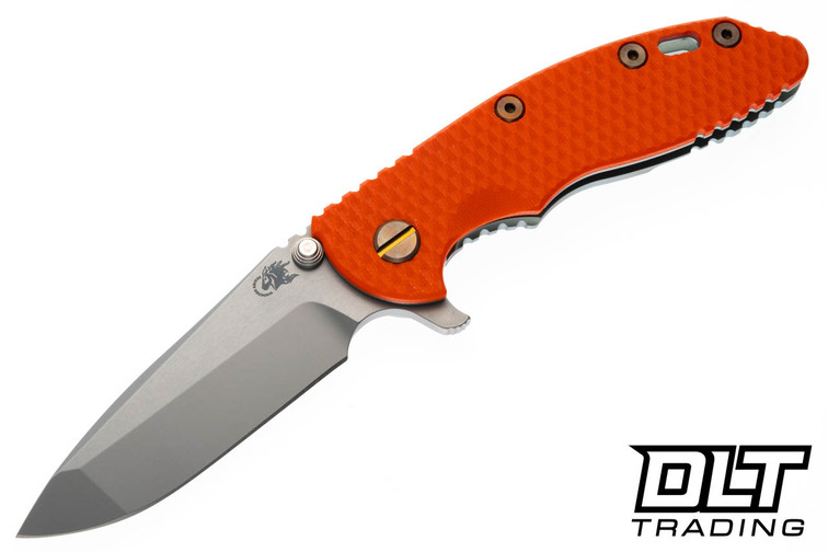 Hinderer 3.25" XM-18 Spanto MagnaCut - Bead Blasted Green Titanium - Bead Blasted Blade - Orange G-10 - Bronze Hardware