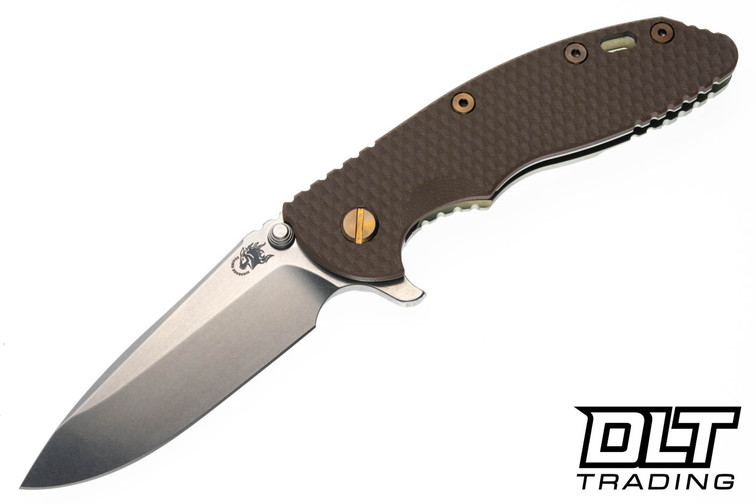 Hinderer 3.5" XM-18 Spearpoint S45VN - Textued Gold Titanium - Stonewashed Blade - FDE G-10 - Bronze Hardware