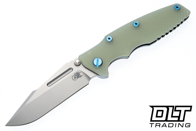 Hinderer Eklipse Non Flipper Skinny Fullered Harpoon Spanto MagnaCut - Bead Blasted Blue & Gold Titanium - Bead Blasted Blade - Translucent Green G-10 - Blue Hardware