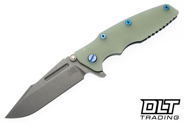 Hinderer Eklipse Skinny Fullered Harpoon Spanto MagnaCut - Textured Battle Green Titanium - Working Finish Blade - Translucent Green G-10 - Blue Hardware