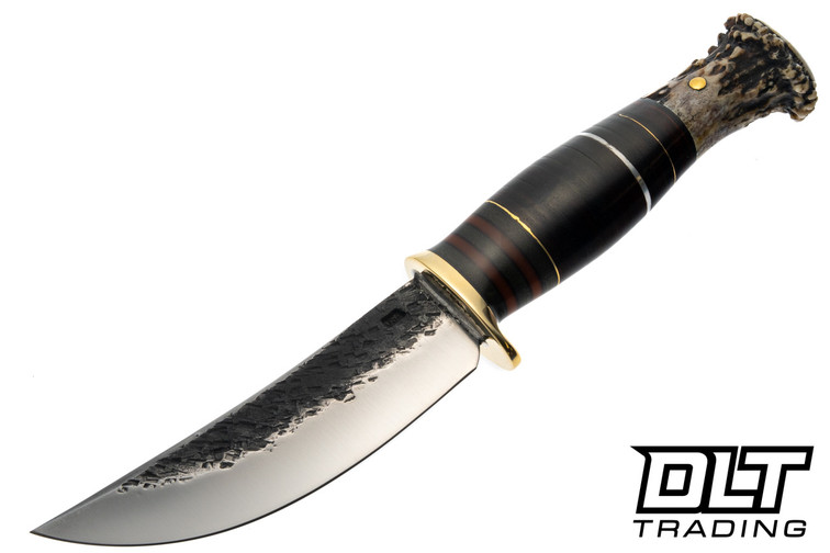 Rocco Handmade Hammer Mark Michigan Hunter - Scagel Style Horse Hide Handle - Green Linen Spacers - Whitetail Crown Stag