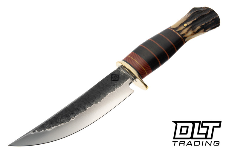 Rocco Handmade Hammer Mark Big Bay Hunter - Scagel Style Horse Hide Handle - Black, Red & Vintage Tan Fiber Spacers - Sambar Stag Pommel