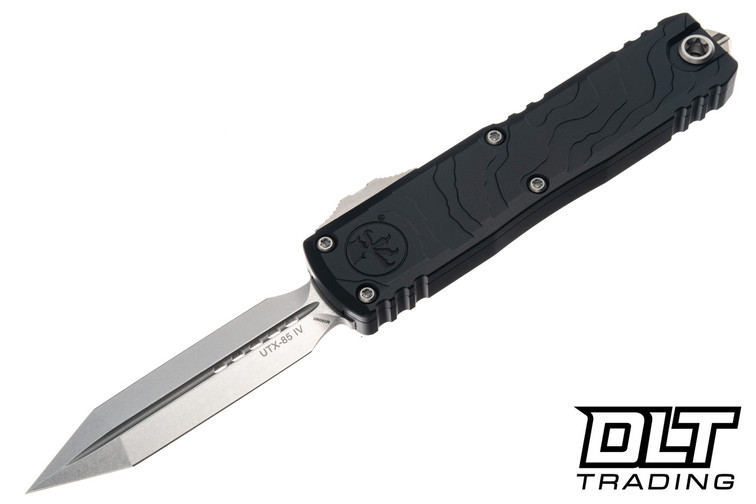 Microtech UTX-85 Spartan Gen VI - Black Topographic Deep Engraved Handle - Stonewashed Blade - 12304TP-10