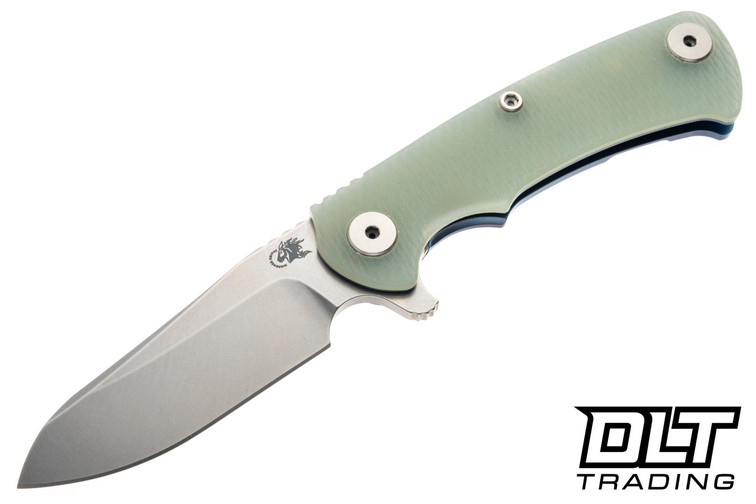 Hinderer Project X Sheepsfoot MagnaCut - Blue Anodized Titanium - Stonewashed Blade - Translucent Green G-10