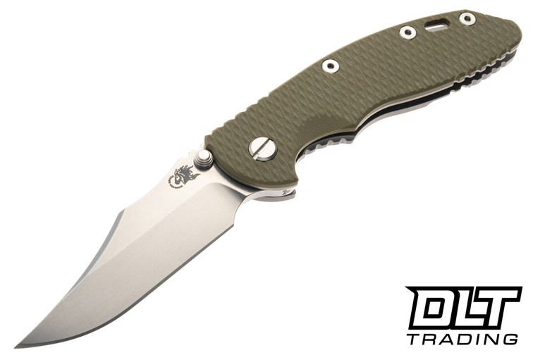 Hinderer 3.5" XM-18 Non Flipper Bowie MagnaCut - Bead Blasted Titanium - Stonewashed Blade - OD Green G-10