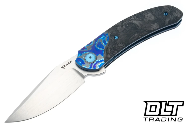 Reate TF-4 M398 Hand Rubbed Satin Blade - Blue Titanium Handle - Zircuti Bolster - Marble Carbon Fiber Inlay
