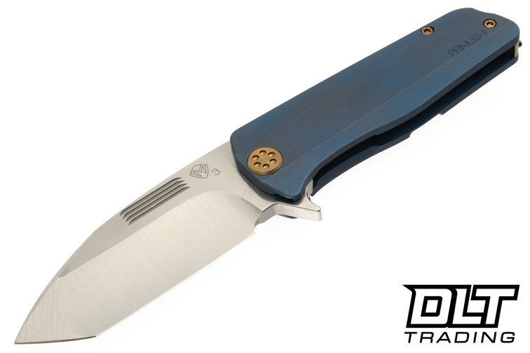 Medford Primus folding knife with a Tumbled Tanto 3V blade and OS Blue Titanium handles with Bronze Hardware. 