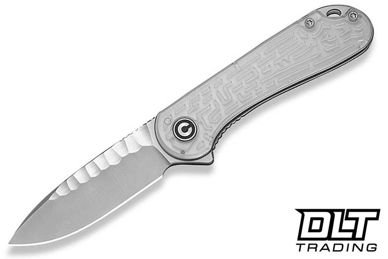 CIVIVI Elementum C18062AM-1 open, presentation side, satin rock grind Nitro-V blade beside the clear Lexan scale over the machined maze