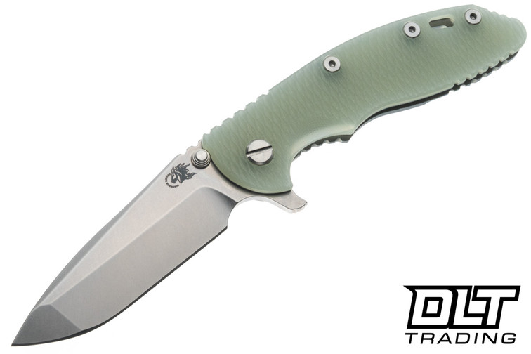 Hinderer 3.5" XM-18 Spanto MagnaCut - Battle Green Anodized Titanium - Stonewashed Blade - Translucent Green G-10