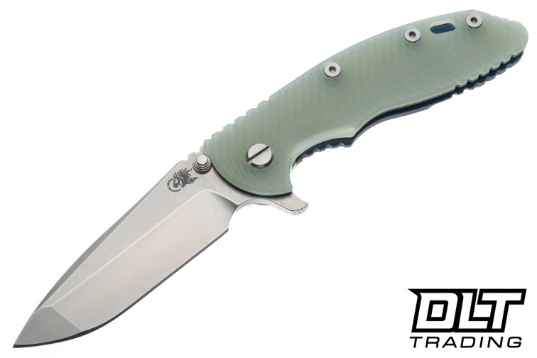 Hinderer 3.5" XM-18 Spanto MagnaCut - Battle Blue Anodized Titanium - Stonewashed Blade - Translucent Green G-10