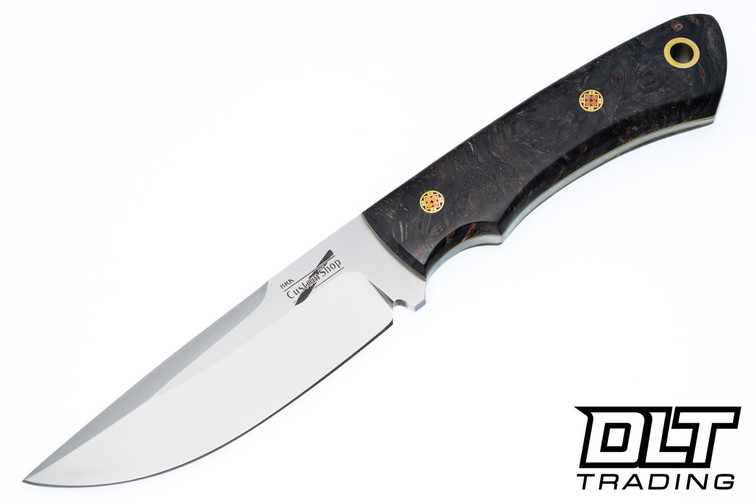 Bark River Custom Broadside CPM-154 - Black Elder Burl - Yellow Liners - Moasic Pins - Flat Grind