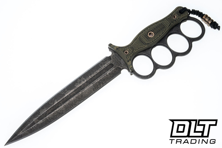 RMJ Tactical Trench Raider 3V - Dirty Olive G-10 - Acid Etch 3V Blade - Ox Blood & OD Green Sheath