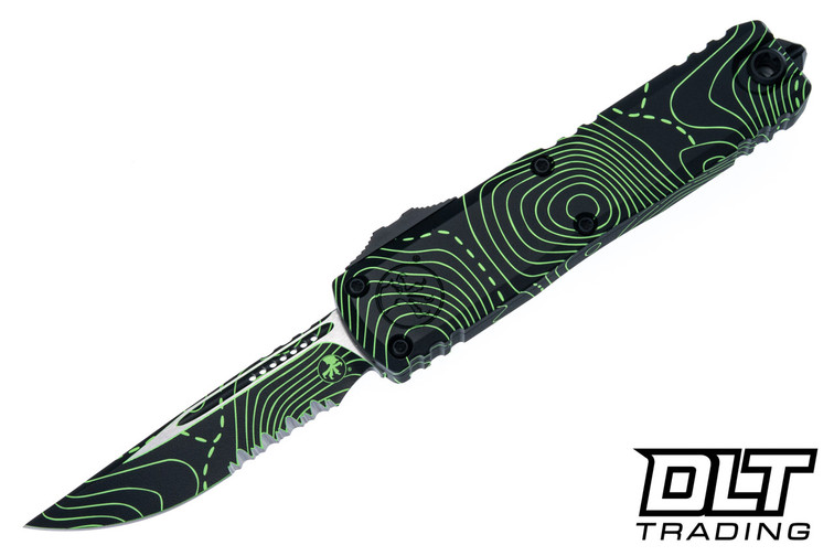 Microtech UTX-85 Gen IV S/E - Black & Parakeet Green Camo Handle - Topographic Blade - Signature Series - 12314-2TPBKPGCS
